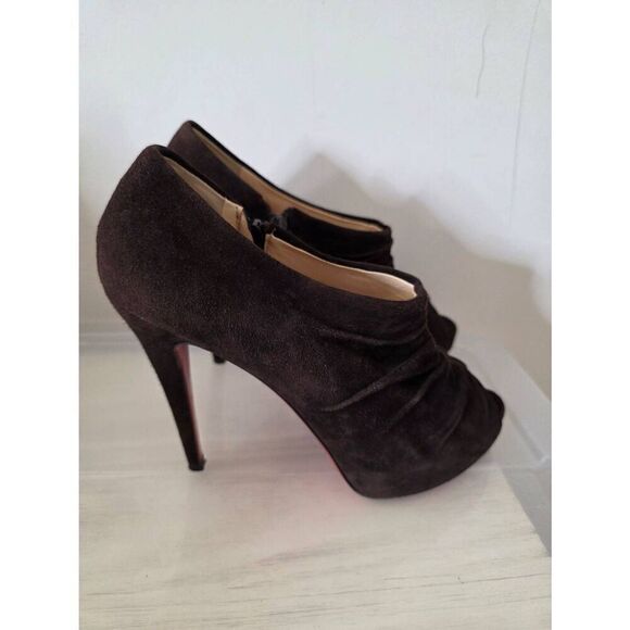 Christian Louboutin Black Suede Trepoli Peeptoe Platform Booties 39.5 (US 9.5)